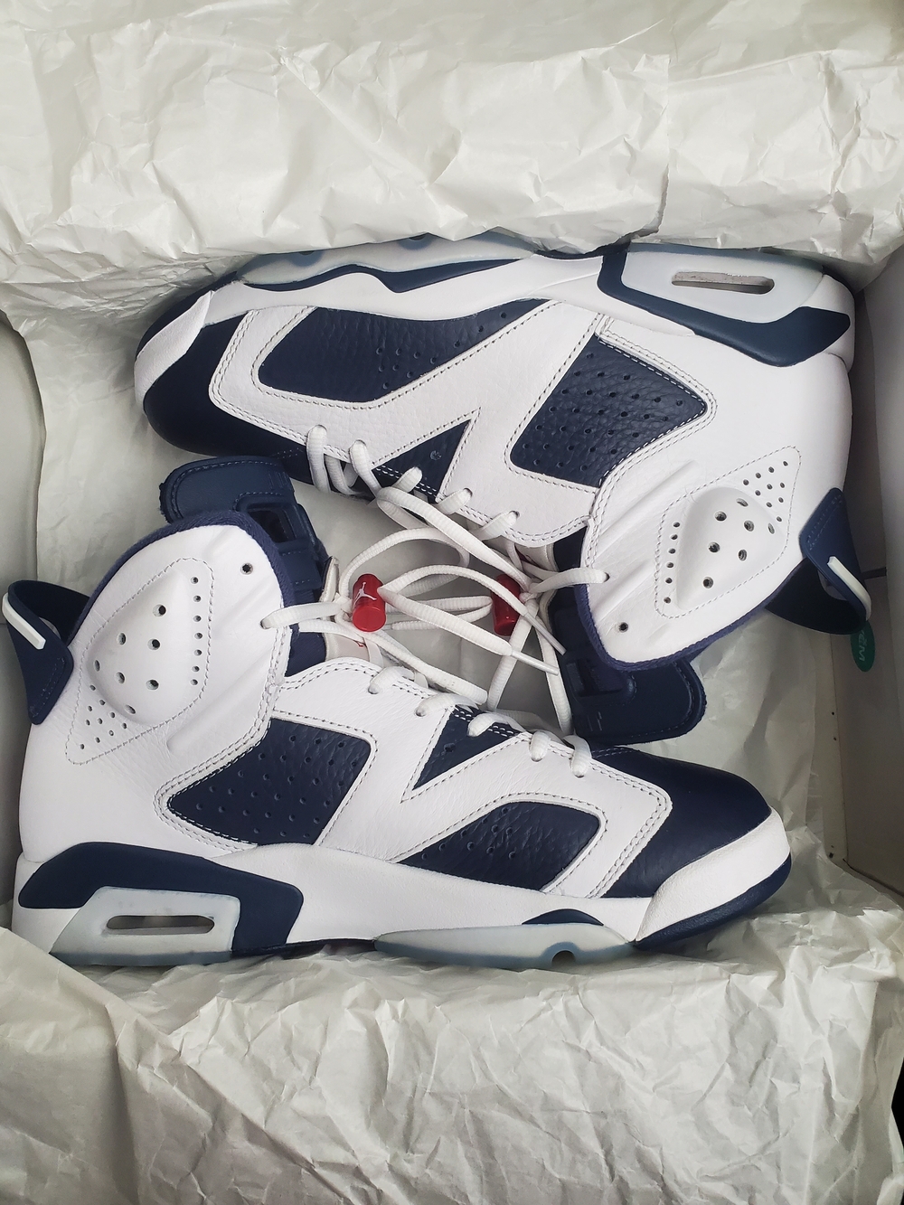 RETRO OLYMPIC JORDAN 6 White and Navy High-Top Sneakers with Red Accent